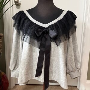 Maeve Gray and Black Lace Trim and bow Coquette sweater Size XL